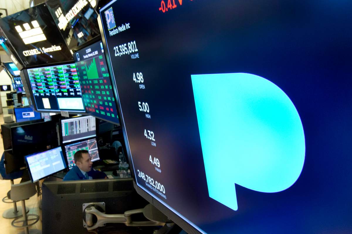 The Pandora logo appears above a trading post on the floor of the New York Stock Exchange.