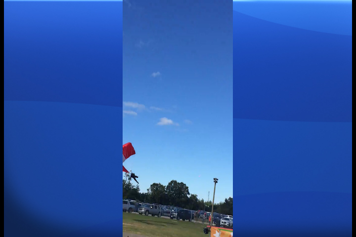 A member of the SkyHawks parachute demo team was injured in a crash on Saturday at the Lindsay Exhibition.