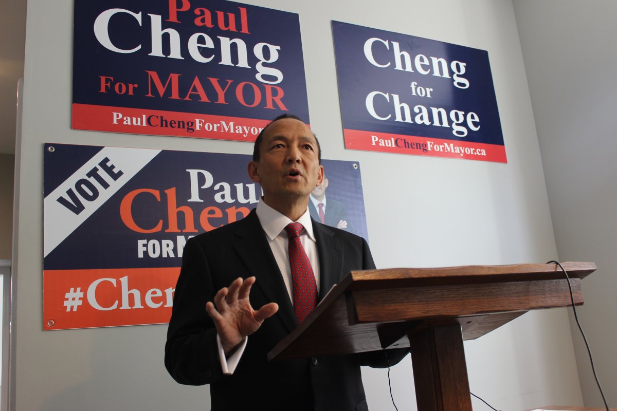 Paul Cheng unveils his mayoral campaign platform at his Horton Street office on Friday, Sept. 14.