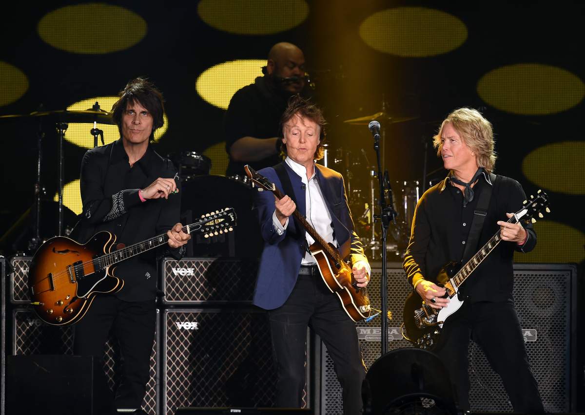 (L-R) Musicians Rusty Anderson, Paul McCartney and Brian Ray perform during Desert Trip at the Empire Polo Field in Indio, California.