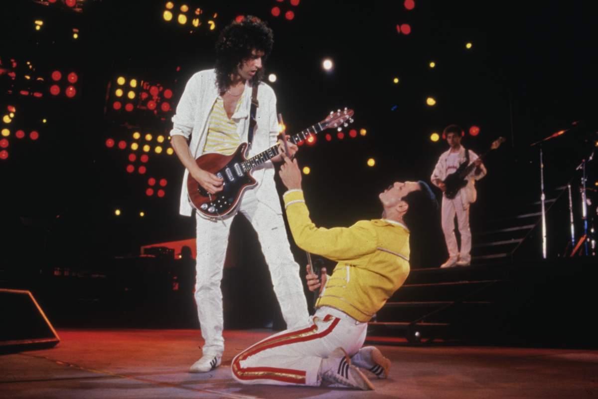 Freddie Mercury and Brian May of British rock band Queen in concert at Wembley Stadium, July 1986.
