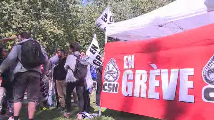 Striking SAQ employees gathered in Lafontaine Park in Montreal on Sunday, Sept. 9, 2018.
