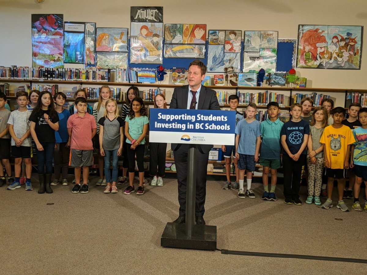 B.C. Education Minister Rob Fleming announces seismic upgrades at two new Vancouver schools.