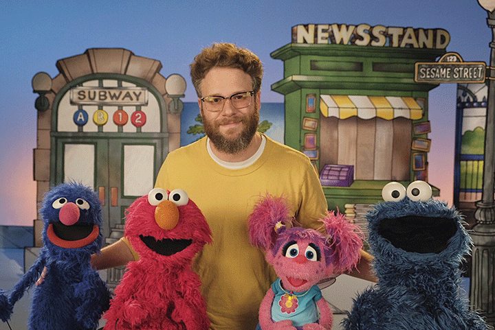 Seth Rogen pictured on the television set of educational show “Sesame Street.”.