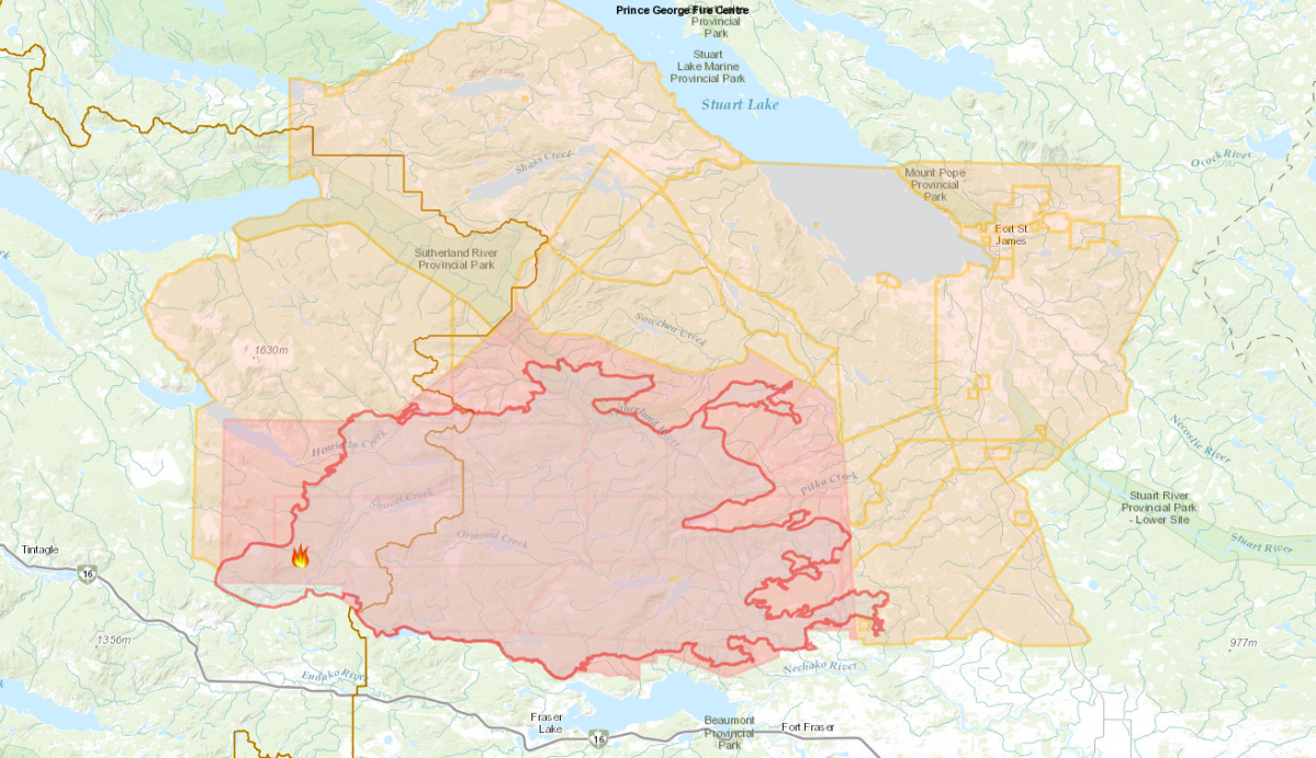 The Shovel Lake wildfire (dark red) with associated evacuation orders (light red) and evacuation alerts (orange) on Sept. 2.