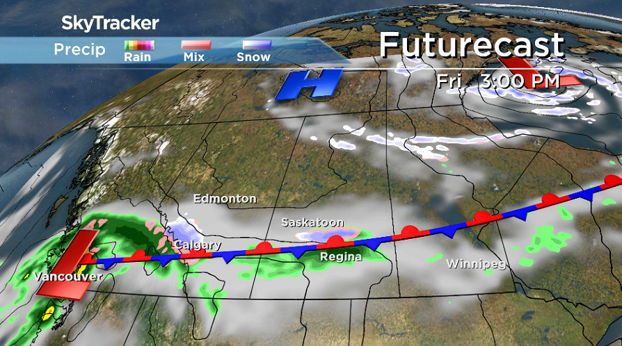 Some snow is expected to swing along a fairly stationary frontal boundary draped over central Saskatchewan on Friday.