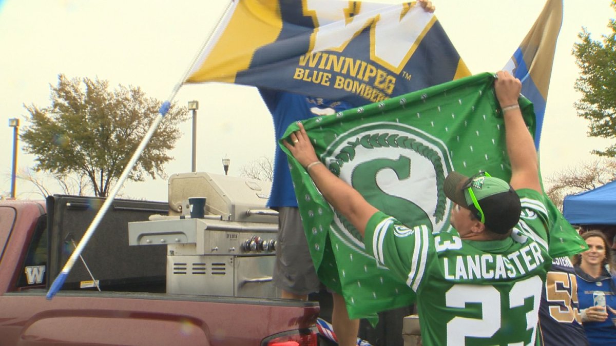 Winnipeg Blue Bombers and Saskatchewan Roughriders' Fans tailgate ahead of the 15th annual Banjo Bowl.