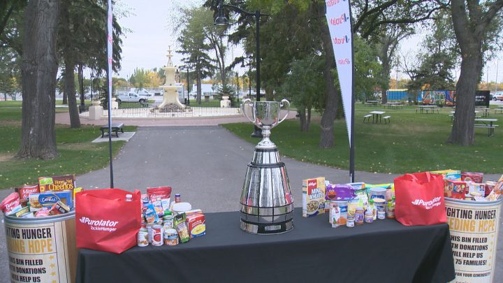 Saturday is the Purolator tackle hunger game, so anyone that brings a non-perishable or monetary food bank donation will be able to get their picture taken with the Grey Cup.