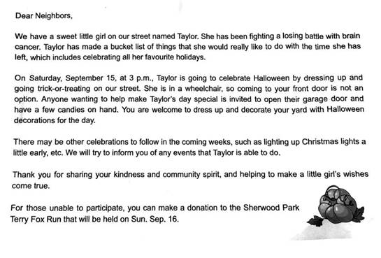 Sherwood Park neighbourhood holding Halloween early for girl with terminal brain cancer - image