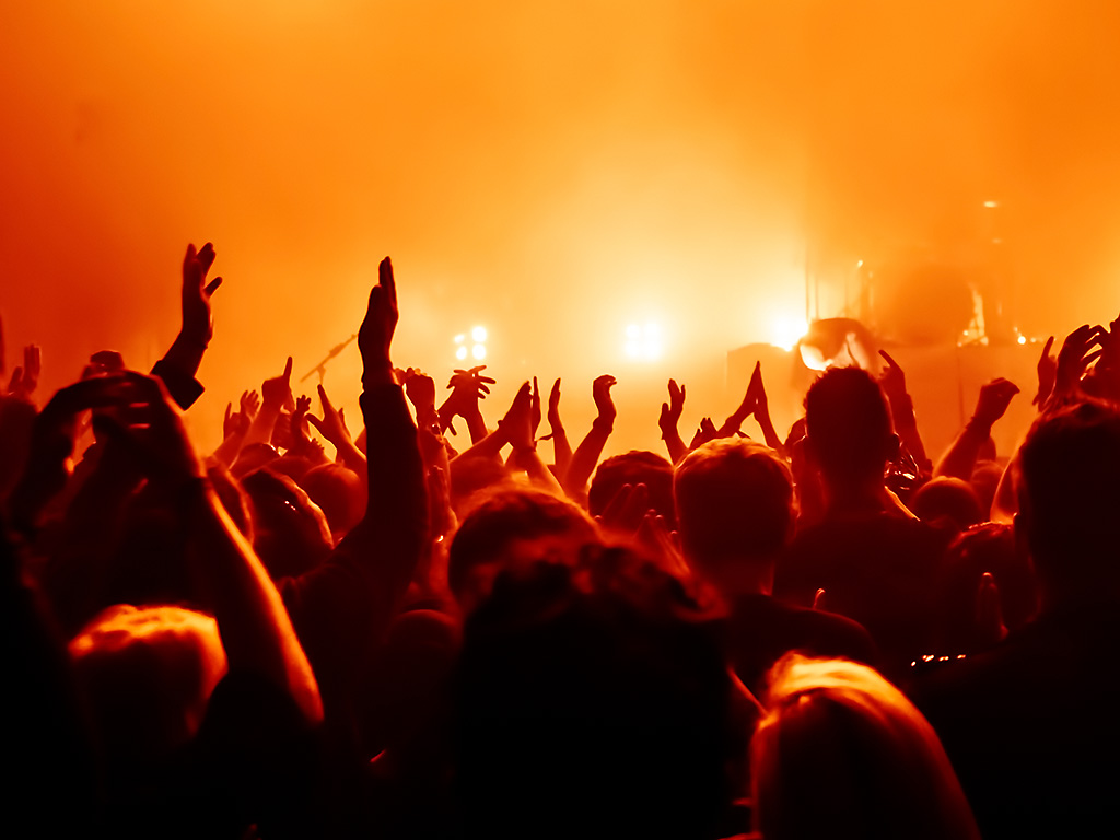 A crowd applauds at a music concert.