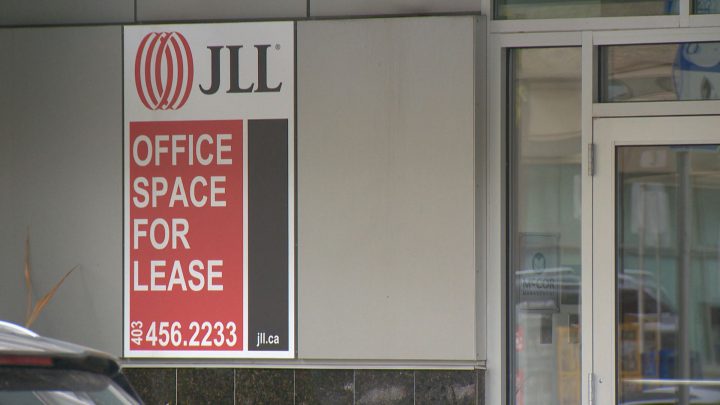 One of a number of for lease signs in Calgary's downtown core.