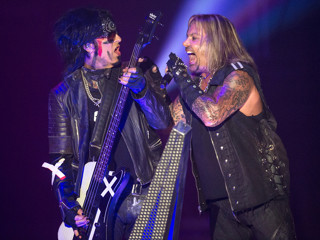Nikki Sixx (L) and Vince Neil of Motley Crue perform at SSE Arena Wembley on November 6, 2015 in London, England. 