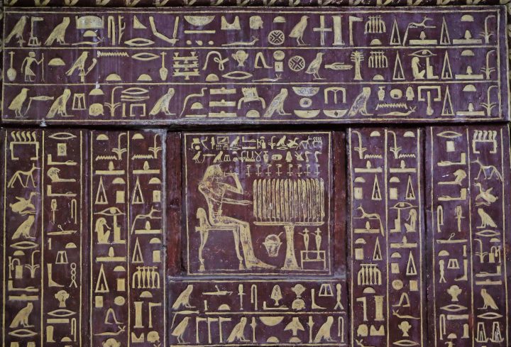 Hieroglyphics are shown on the walls of the tomb of Mehu near the Saqqara necropolis in Giza, Egypt, on Sept. 8, 2018.