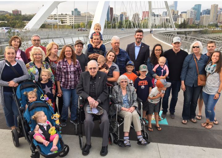 Edmonton Mayor Don Iveson and the descendants of John Walter attend a grand opening ceremony for the Walterdale Bridge on Sept. 6, 2018.