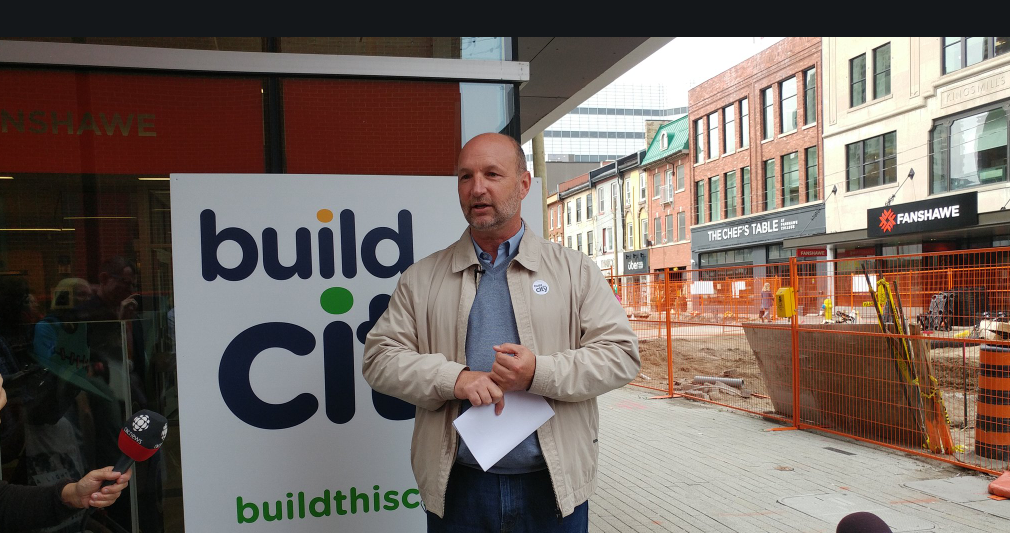 Marcus Plowright, spokesperson for We Build This City, a bus rapid transit advocacy group, at a news conference in London, Ont, on Sept. 27, 2018.