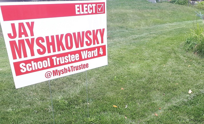 School trustee candidate Jay Myshkowsky is apologizing for online comments he made about Indigenous people eight years ago. 