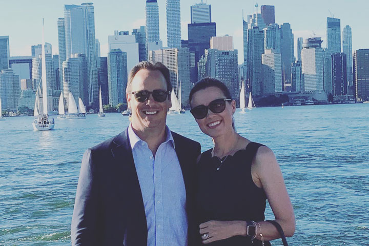 Wendy Thomas with her husband Julian. Thomas elected to have breast reconstruction after her mastectomy in June 2018.