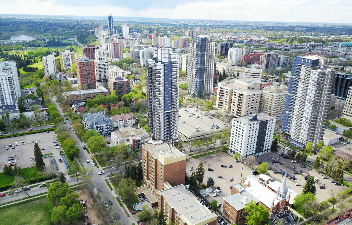 A rendering of Westrich Pacific’s The View, a 23-storey glass tower proposed for the Grandin area in downtown Edmonton’s Oliver neighbourhood. The rendering also contains other buildings the developer wants to build.