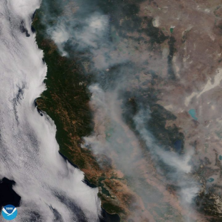This file satellite image released on Tuesday, Aug. 7, 2018 provided by NOAA shows the wildfires known as the Mendocino Complex, Calif.