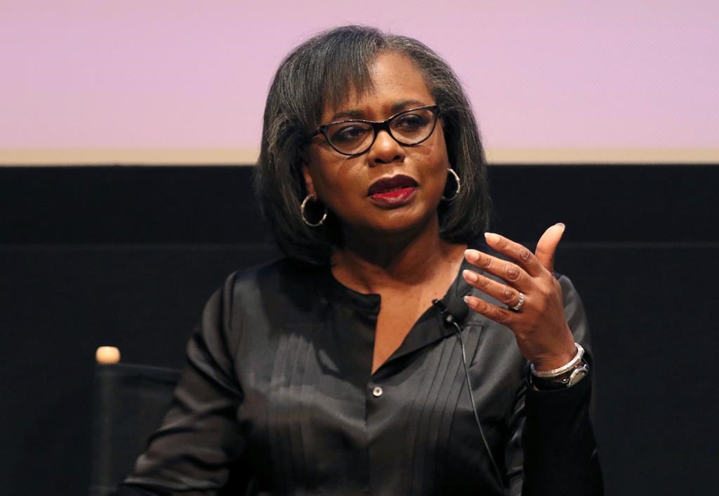 In this Dec. 8, 2017, file photo, Anita Hill speaks at a discussion about sexual harassment in Beverly Hills, Calif.