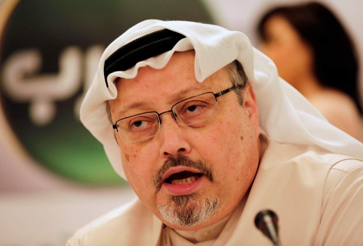 FILE - Jamal Khashoggi, general manager of a new Arabic news channel, speaks during a press conference in Manama, Bahrain, Monday, Dec. 15, 2014.