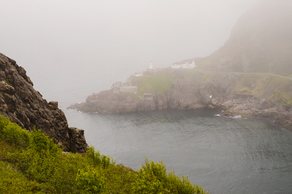View of Fort Amherst in the fog from Signal Hill, St. John's, Newfoundland.