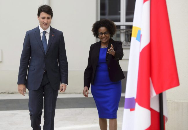 Prime Minister Justin Trudeau meets with Michaelle Jean at the headquarters of the Organisation Internationale de la Francophonie in Paris, France, April 16, 2018.