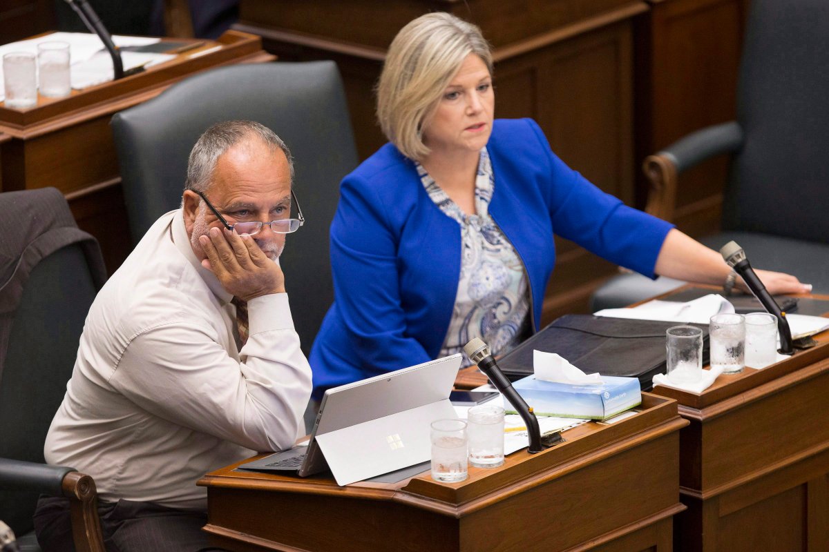 NDP House Leader Gilles Bisson (left) sits next to NDP Leader Andrea Horwath during the Ontario Legislature in Toronto on Wednesday, August 1, 2018.