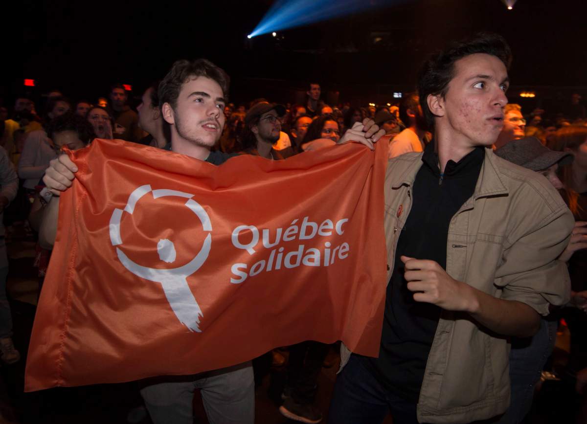 Supporters of Québec Solidaire react as they watch election results at the headquarters of Manon Massé in Montreal.