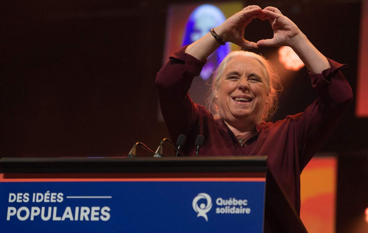 Quebec Solidaire's Manon Massé speaks to her supporters in Montreal after the Quebec election in the Quebec provincial election Monday, October 1, 2018. 