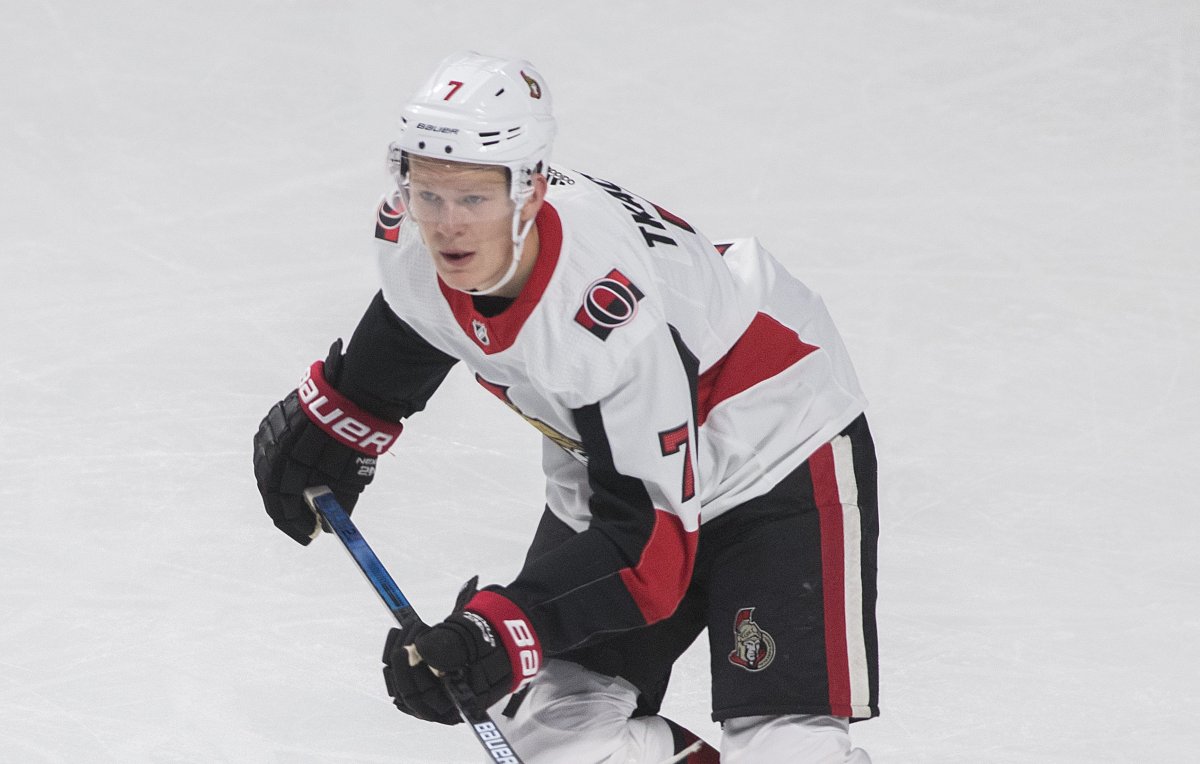 Ottawa Senators' Brady Tkachuk skates gainst the Montreal Canadiens during an NHL pre-season hockey game in Montreal, Saturday, September 22, 2018. 