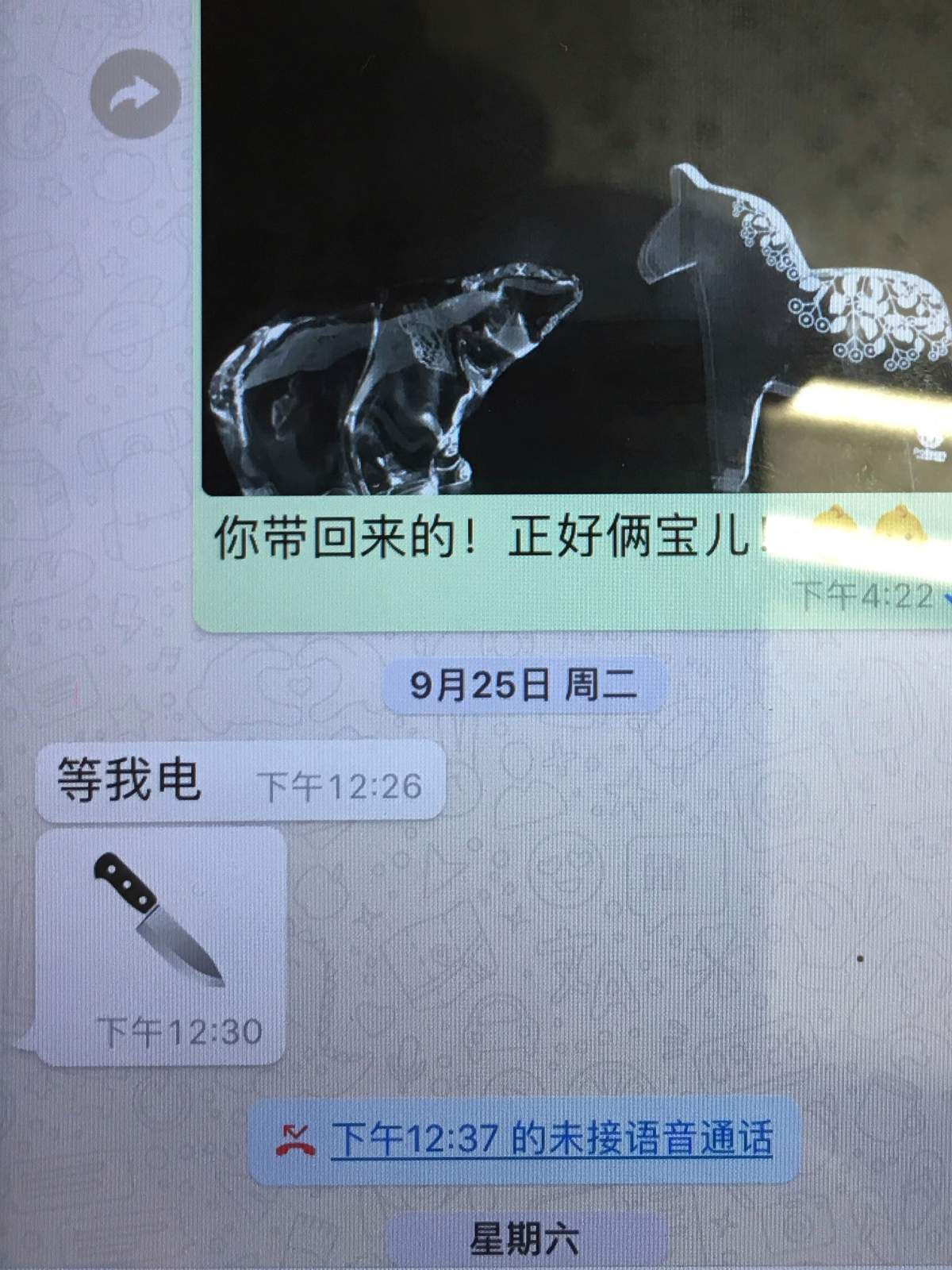 This photo shows the last message sent by missing Interpol President, Meng Hongwei, to his wife, Grace Meng. Mrs. Meng showed reporters the message, on her mobile phone, during a press conference in Lyon, central France, Sunday Oct. 7, 2018, where Interpol is based. The message from Meng at 12:26 on Sept. 26 says Äúwait for my call.Äù Four minutes later, he sent the photo of the knife. Earlier that day she had sent him a photo of two animal figurines, one of a bear and another of a horse, meant to represent their two children; one of them loves horses, she said, and the other Äúlooks like the bear.Äù (AP Photo/John Leicester)