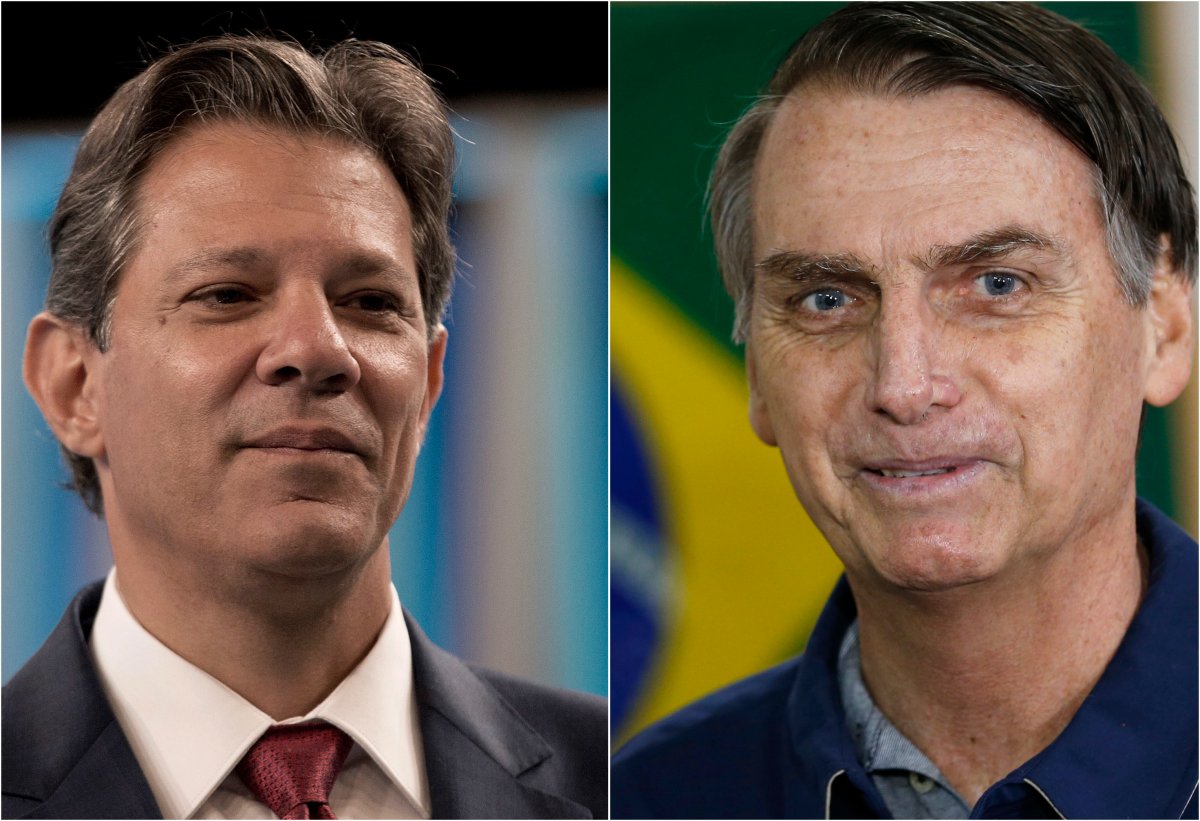 This photo combo of Workers' Party Presidential candidate Fernando Haddad shot on Oct. 4, left, and an Oct. 7, 2018 photo of Jair Bolsonaro, of the Social Liberal Party, shows the two candidates that will face off in a second-round vote in Brazil. 