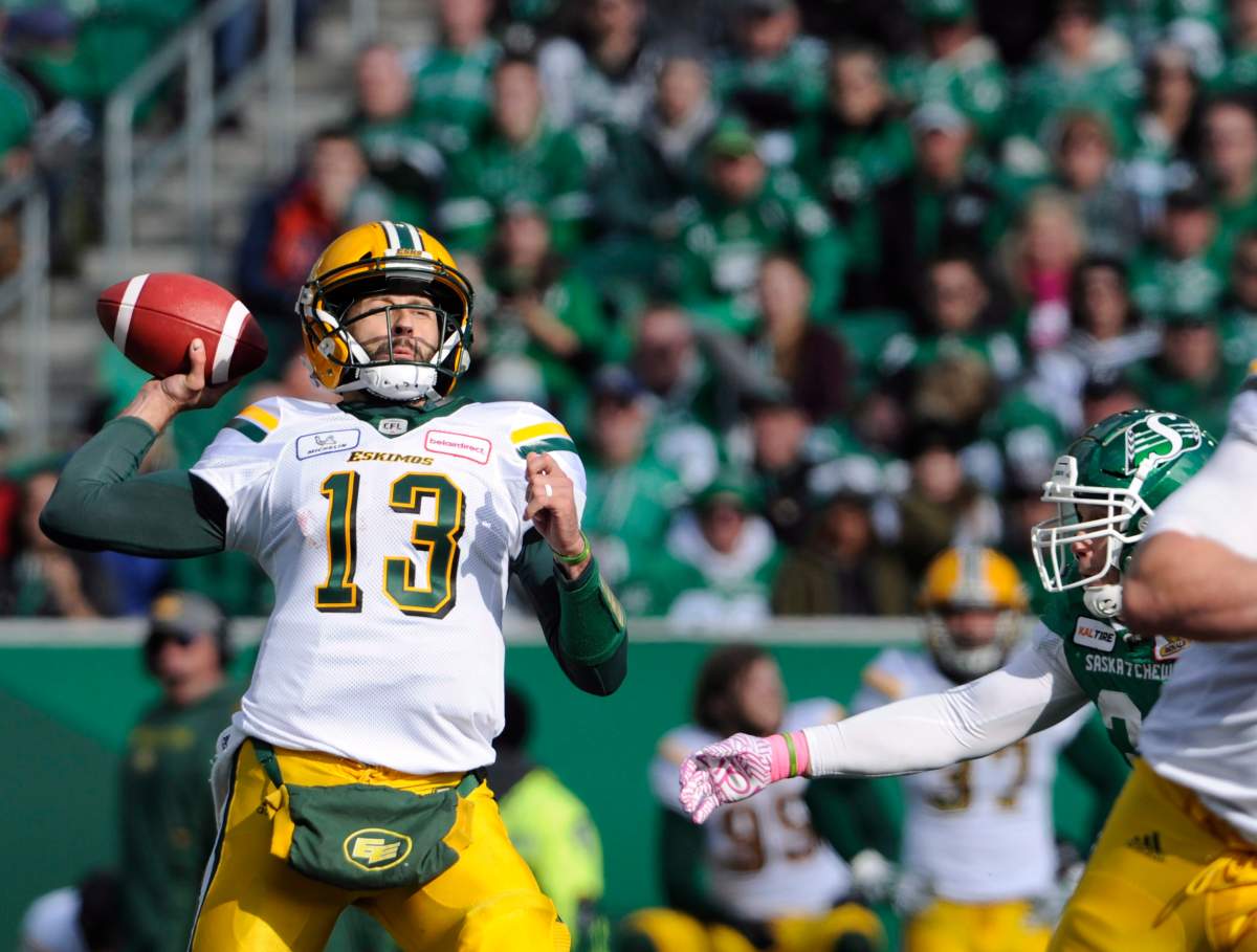 Edmonton Eskimos quarterback Mike Reilly attempts a pass during first half CFL action against the Saskatchewan Roughriders, in Regina on Monday, Oct. 8, 2018. The Edmonton Eskimos couldn't have picked a worse time to have a slump. The Saskatchewan Roughriders defeated Edmonton 19-12 on Monday, handing the Eskimos their third straight loss and sixth in eight games. And now with three regular-season games remaining, the Eskimos find themselves last in the West Division standings.