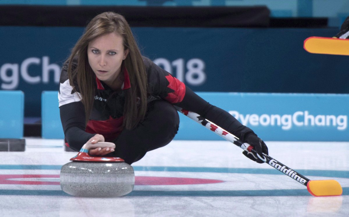 Canada's skip Rachel Homan delivers a shot as they face Switzerland during preliminary round in women's curling in South Korea on Sunday, February 18, 2018. 