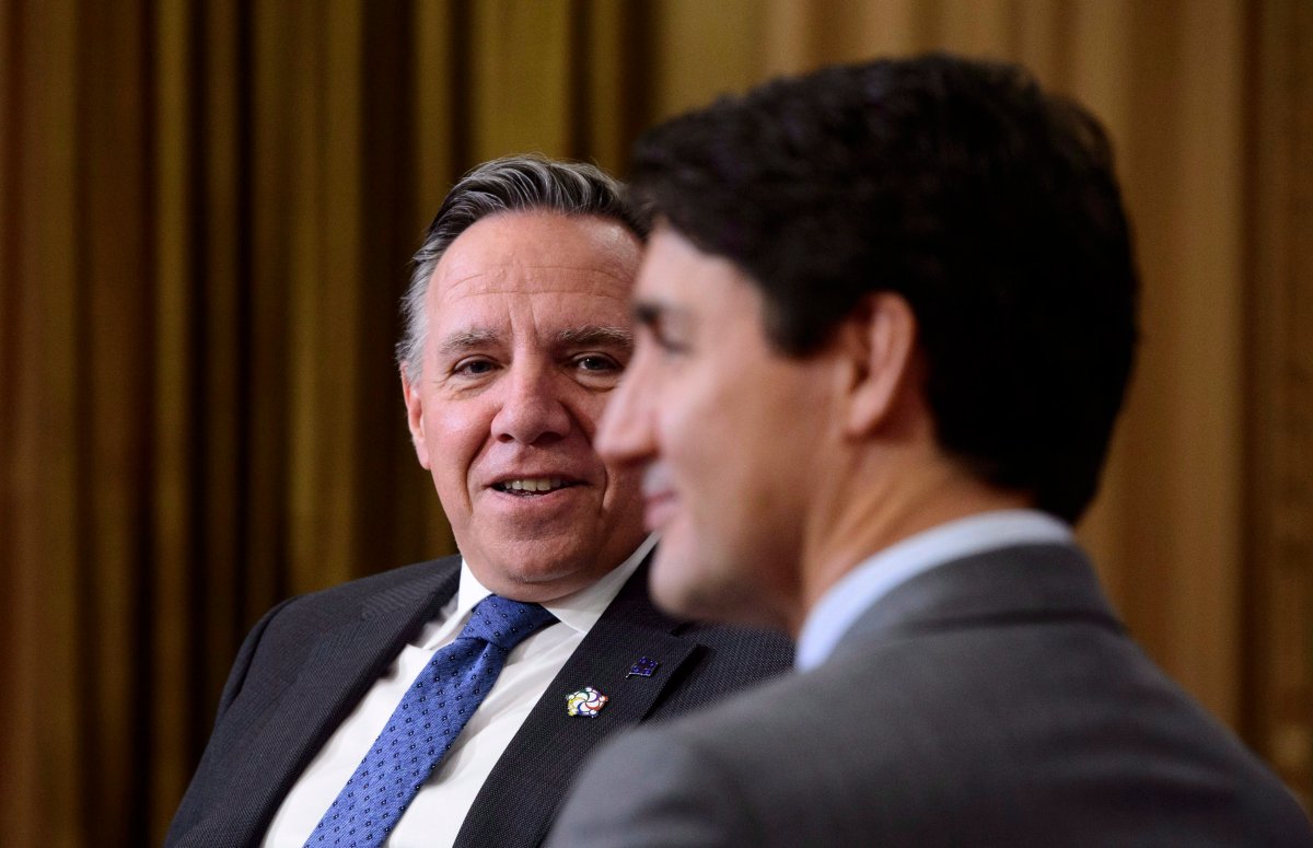 Prime Minister Justin Trudeau meets with Premier-designate of Quebec Francois Legault in Yerevan, Armenia on Thursday, Oct. 11, 2018. As the two attend the Francophonie Summit. 