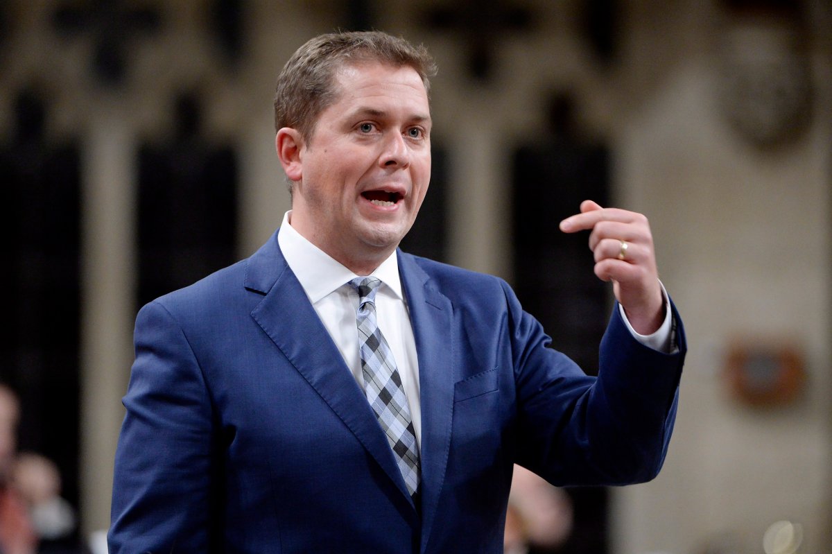 Conservative Leader Andrew Scheer speaks during question period in the House of Commons on Parliament Hill, in Ottawa on Tuesday, Oct. 16, 2018. 
