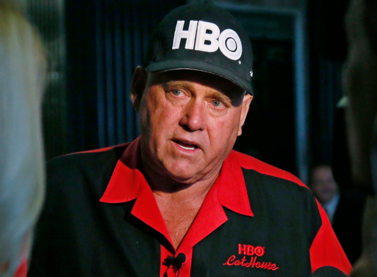 In this June 13, 2016, file photo, Dennis Hof, owner of the Moonlite BunnyRanch, a legal brothel near Carson City, Nev., is pictured during an interview during a break in the trial of Denny Edward Phillips and Russell Lee Hogshooter in Oklahoma City. 