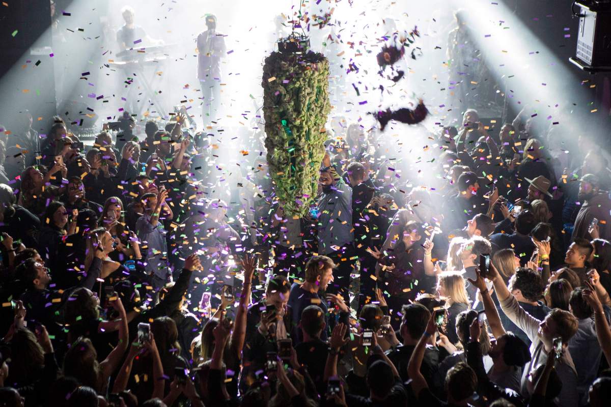A depiction of a cannabis bud drops from the ceiling at Leafly’s countdown party in Toronto on Wednesday October 17, 2018, as midnight passes and marks the first day legalization of Cannabis across Canada.