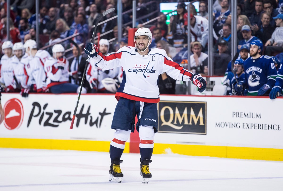 Washington Capitals' Alex Ovechkin, of Russia, celebrates his second goal against the Vancouver Canucks during the third period of an NHL hockey game in Vancouver, on Monday October 22, 2018. THE CANADIAN PRESS/Darryl Dyck.