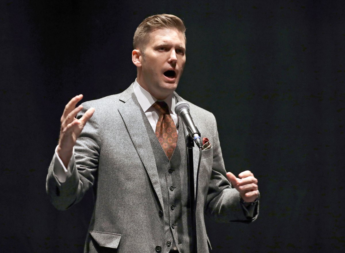 In this Oct. 19, 2017, file photo, white nationalist Richard Spencer speaks at the University of Florida in Gainesville, Fla. 