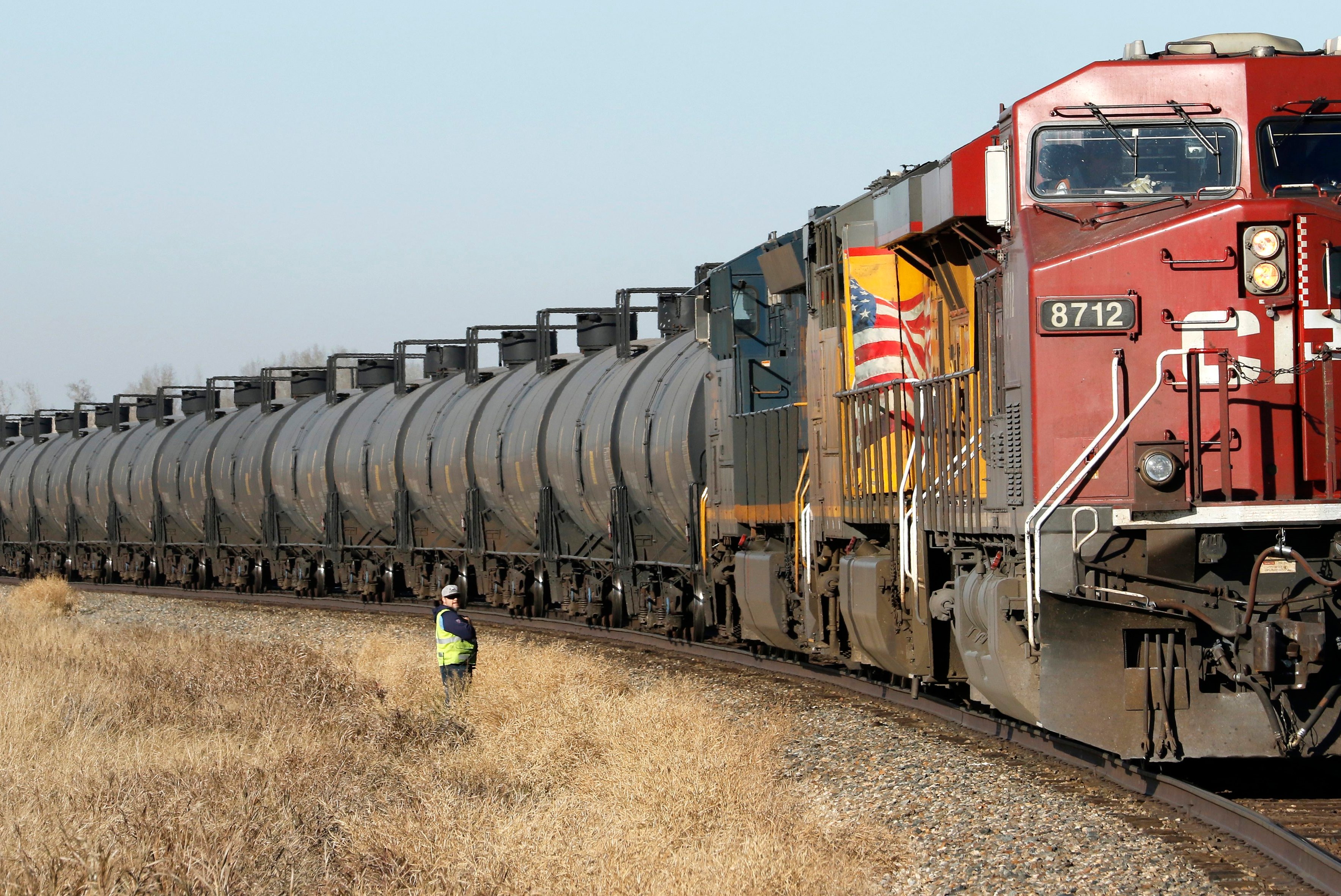 Crude oil, and other petroleum products, are transported in rail tanker cars on a Canadian Pacific Railway (CPR) train near Olds, Alberta, Canada on Tues., Oct. 23, 2018. 