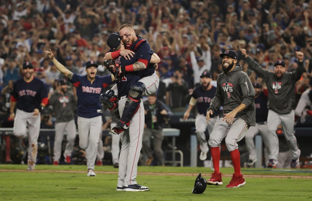 The Boston Red Sox celebrate after Game 5 of baseball's World Series against the Los Angeles Dodgers on Sunday, Oct. 28, 2018, in Los Angeles.