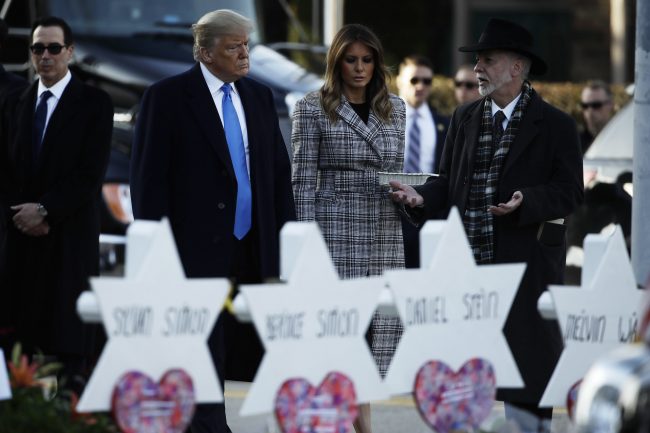 President Donald Trump and first lady Melania Trump visit a memorial outside Pittsburgh’s Tree of Life Synagogue in Pittsburgh, Oct. 30, 2018.