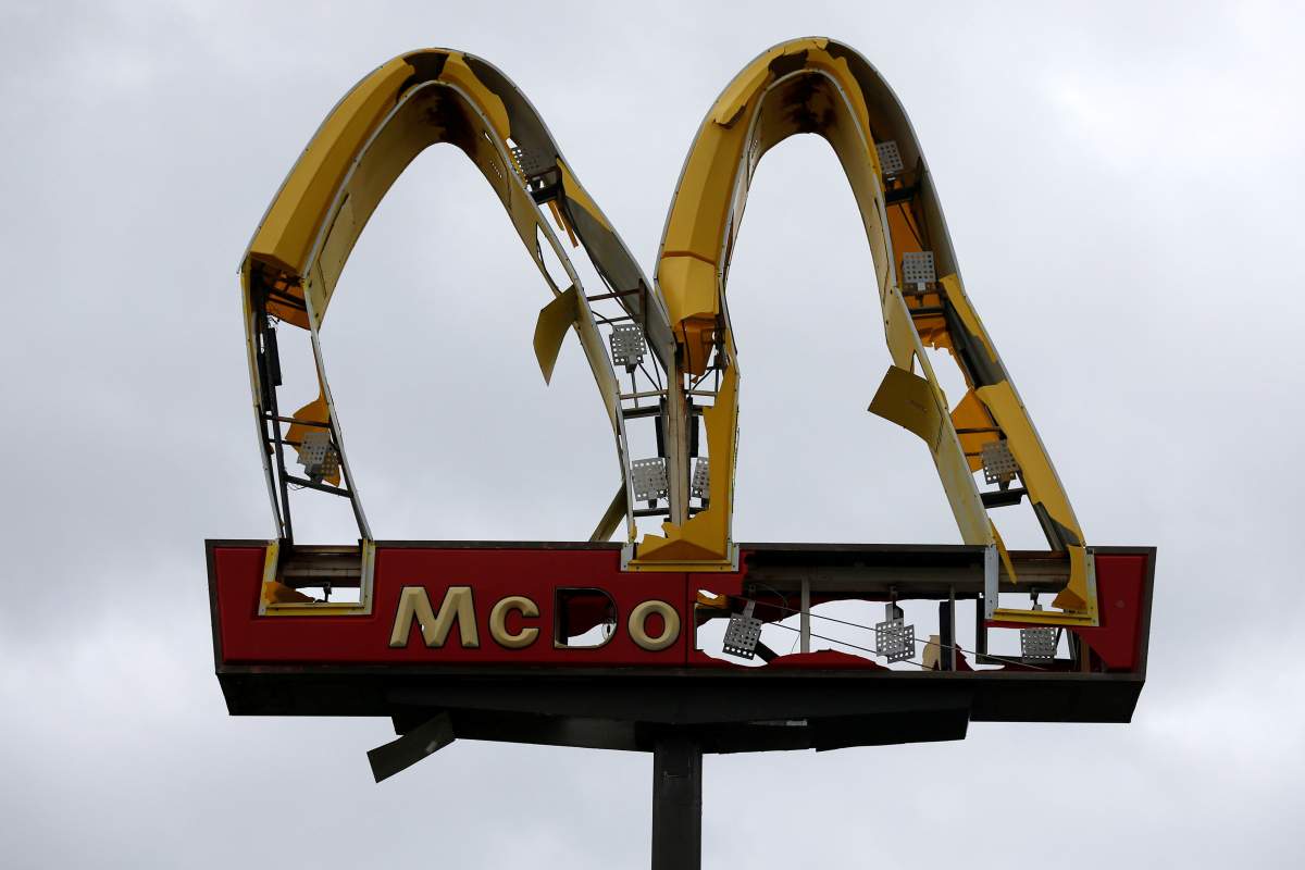 A McDonald’s sign damaged by Hurricane Michael is pictured in Panama City Beach, Florida, U.S. October 10, 2018.