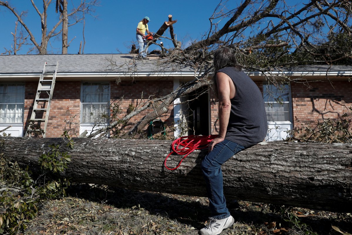 Allen Edwards (R), of Mobile, Alabama, and Mike Langston, of Pensacola, clear trees felled by Hurricane Michael in Springfield, Florida, U.S., October 14, 2018.   