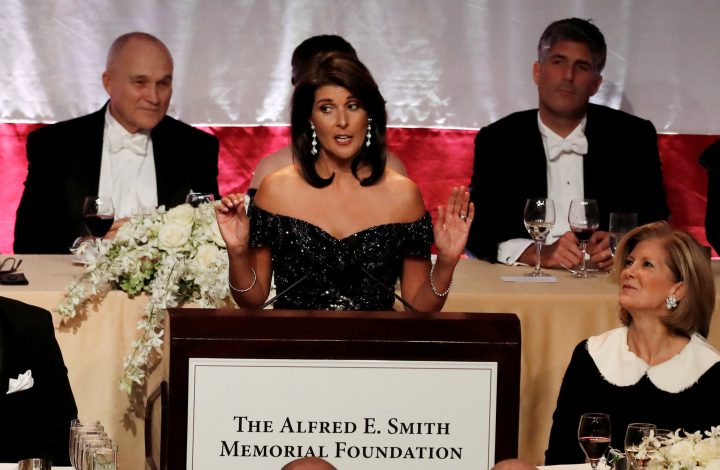 U.S. Ambassador to the United Nations Nikki Haley speaks at the 73rd Annual Alfred E. Smith Memorial Foundation Dinner in New York City, New York, Oct. 18, 2018. 