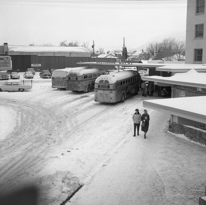 The Penticton Greyhound terminal, on a snowy day during busier times.