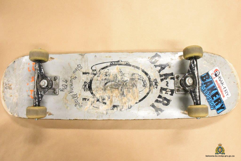 Kelowna RCMP released this picture of a skateboard that police said was used by the suspect in a Friday assault. 