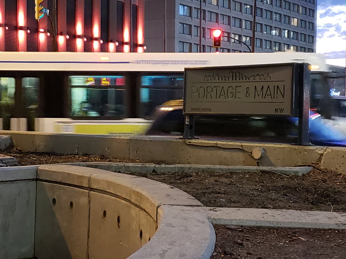 A picture of a Portage and Main sign from Oct. 25, 2018.